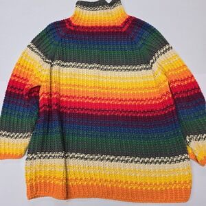 Moda International Rainbow Striped Turtleneck Sweater Ramie Cotton Knit Size M